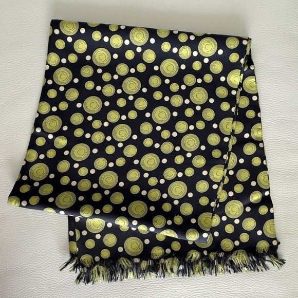 Tahari Silk Scarf – Chartreuse Circles on Midnight Long with Fringe 48